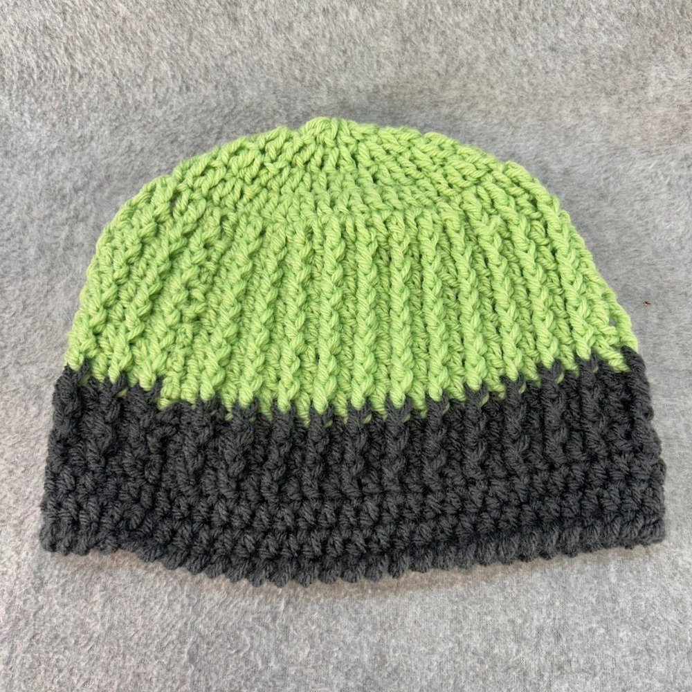 Two Tone Design Mens Green Handmade Beanie Crochet Chunky Knit Winter Hat OSFM